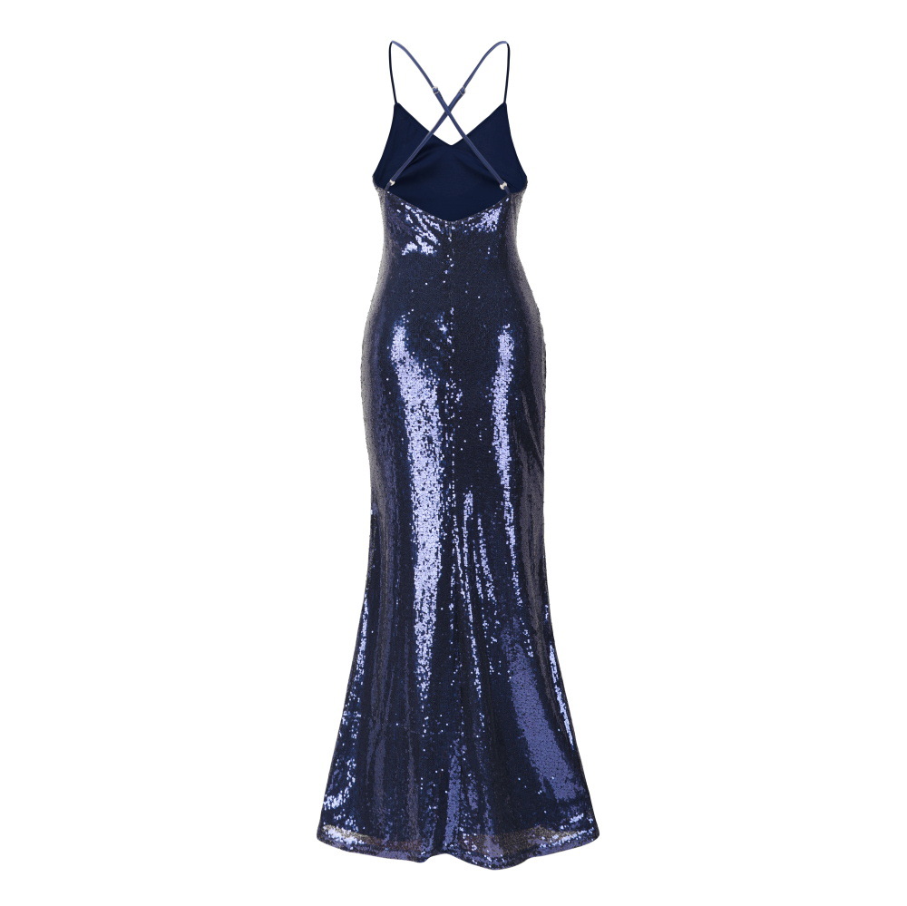 SZ60256-1 Navy Sequin Cross Back Fishtail Maxi Dress